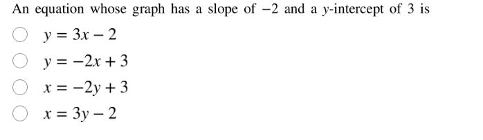 an equation whose graph has a slope of $-2$ and a $y$-intercept of 3 is…
