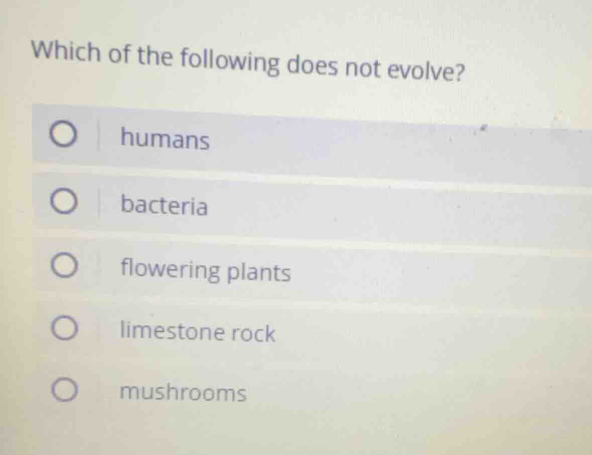 which of the following does not evolve? humans bacteria flowering plant…
