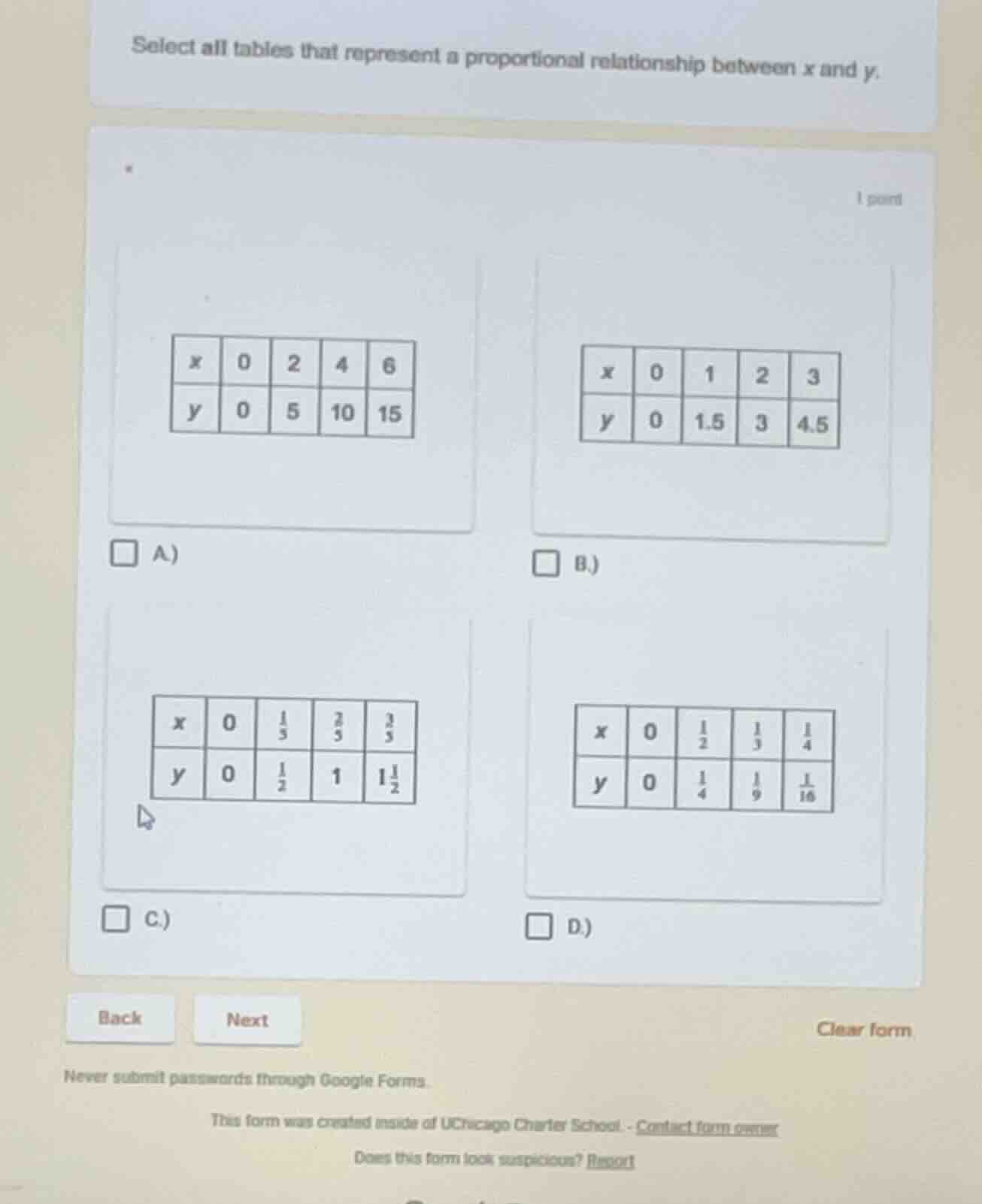 select all tables that represent a proportional relationship between x …