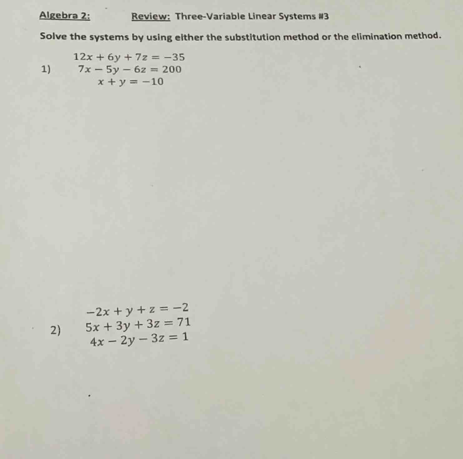 algebra 2: review: three-variable linear systems #3 solve the systems b…