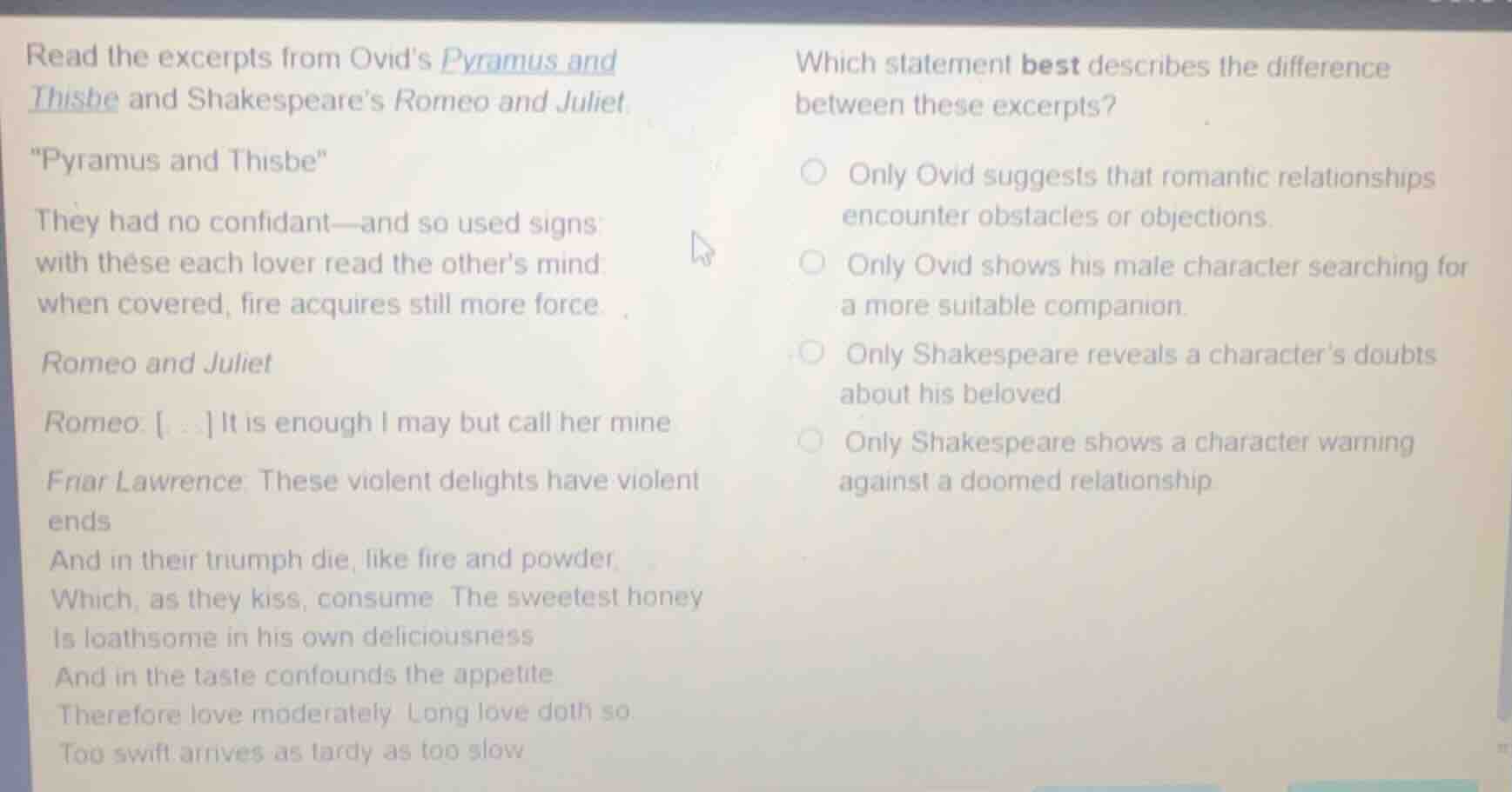 read the excerpts from ovids pyramus and thisbe and shakespeares romeo …