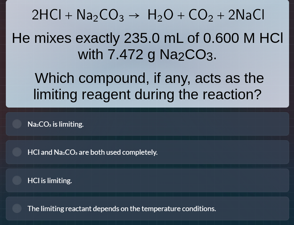 2hcl + na₂co₃ → h₂o + co₂ + 2nacl he mixes exactly 235.0 ml of 0.600 m …