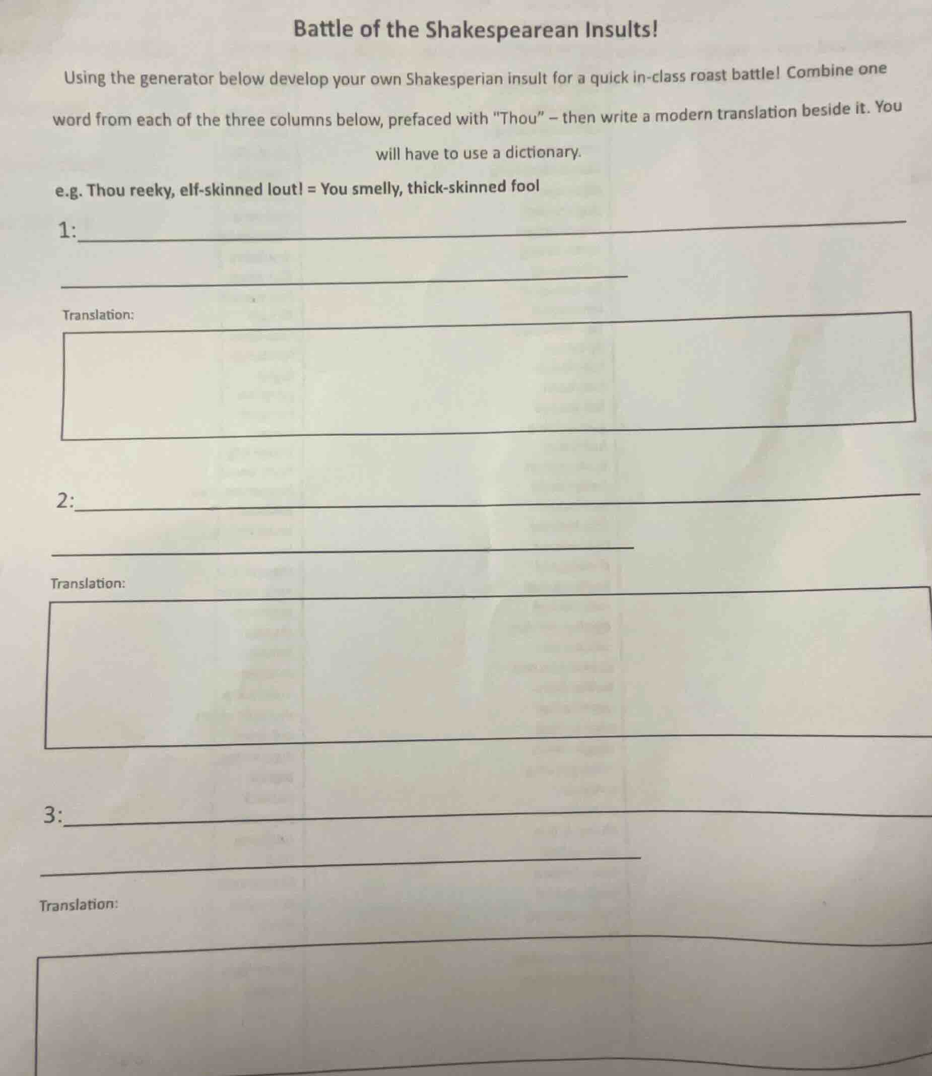 battle of the shakespearean insults! using the generator below develop …