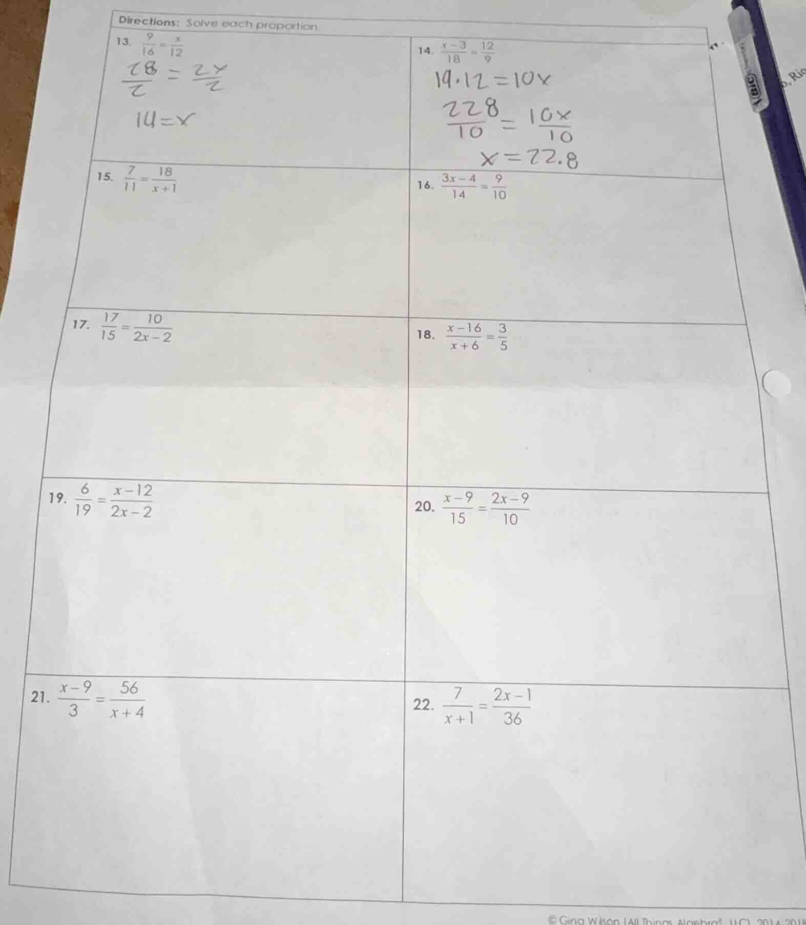 directions: solve each proportion 13. \\(\\frac{9}{18}=\\frac{x}{12}\\)…