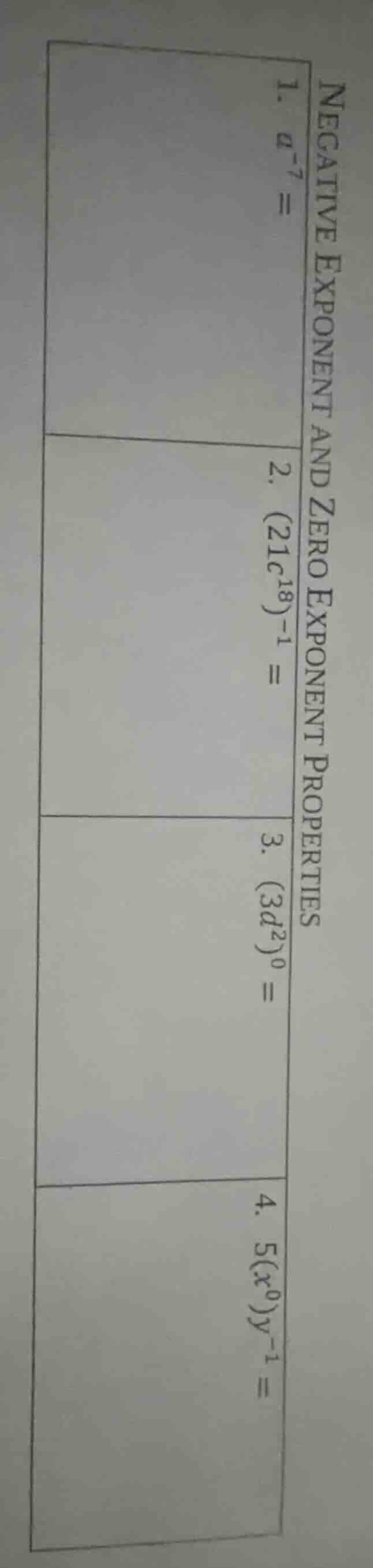 negative exponent and zero exponent properties 1. $a^{-7} = $ 2. $(21c^…