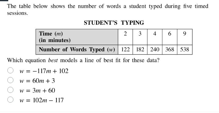 the table below shows the number of words a student typed during five t…