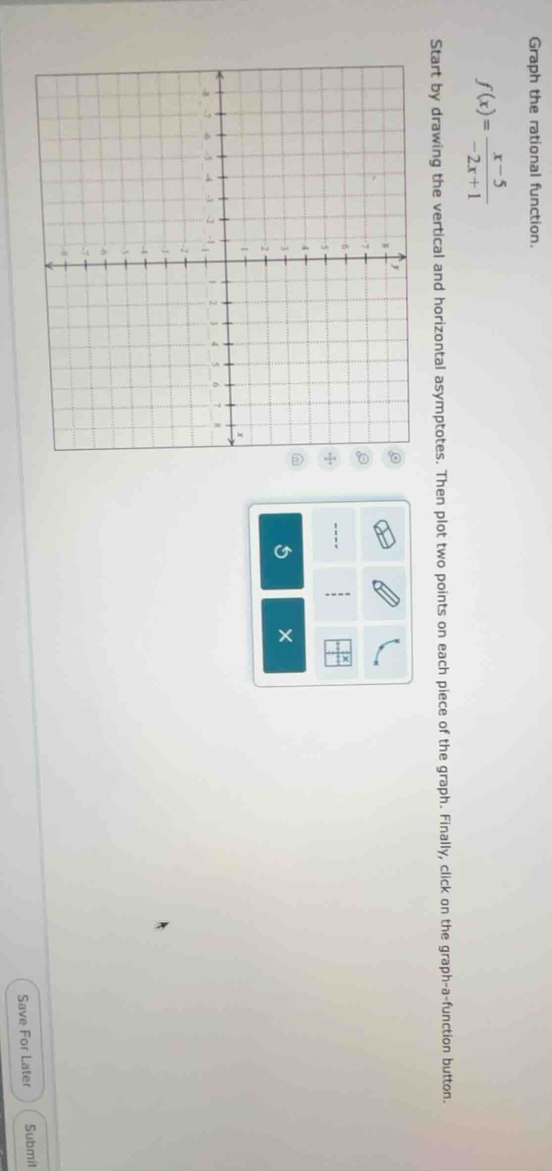 graph the rational function. $f(x) = \\frac{x - 5}{-2x + 1}$ start by d…