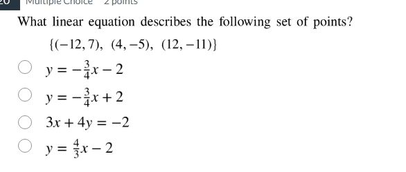 what linear equation describes the following set of points? {(-12, 7), …