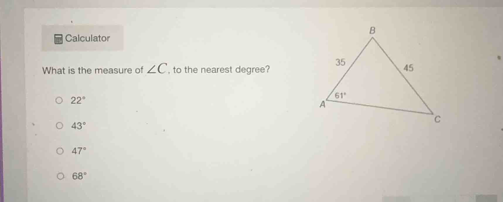 calculator what is the measure of $\\angle c$, to the nearest degree? $…