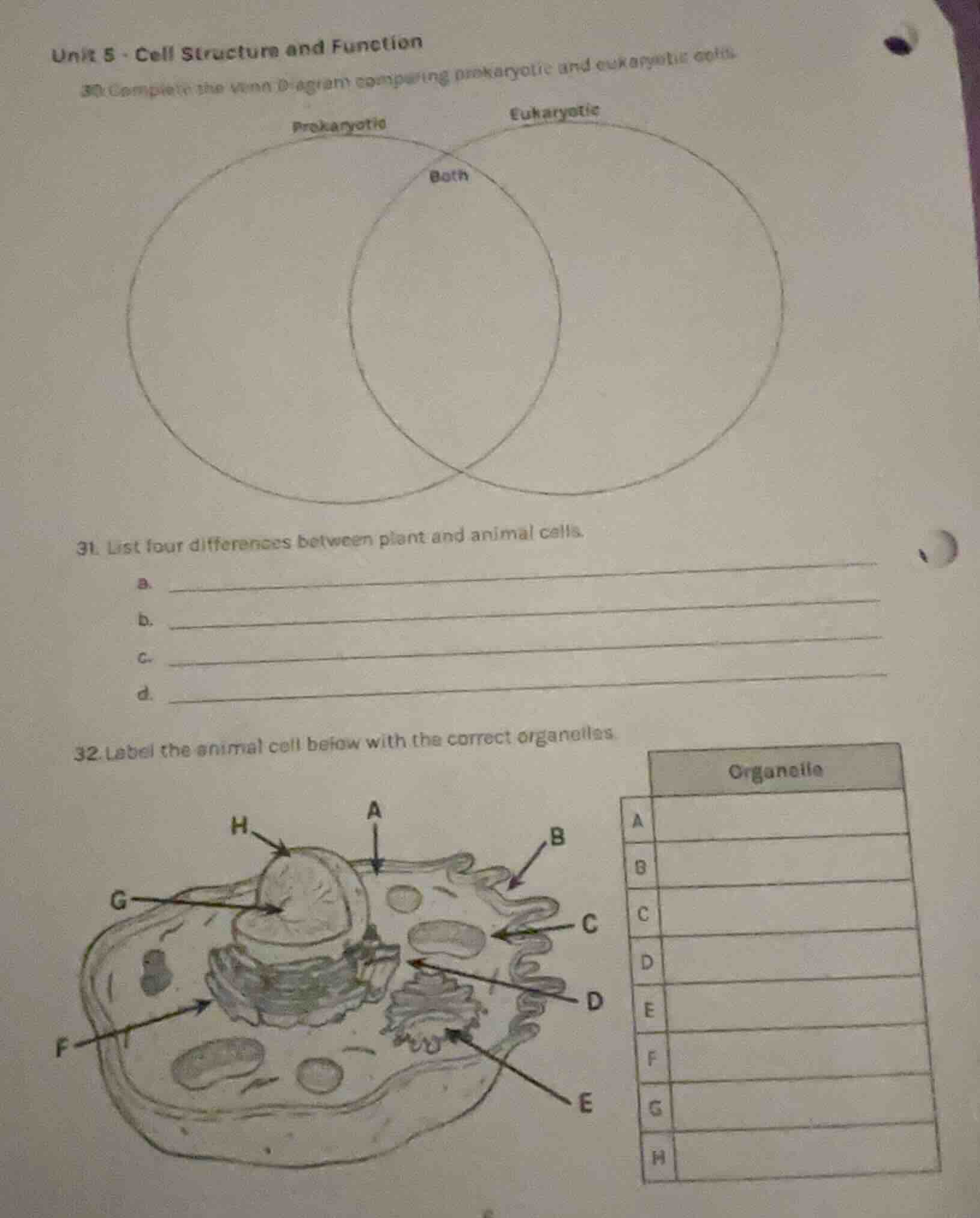 unit 5 - cell structure and function 30. complete the venn diagram comp…