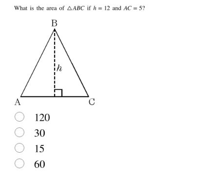 what is the area of $\\triangle abc$ if $h = 12$ and $ac = 5$? (options…