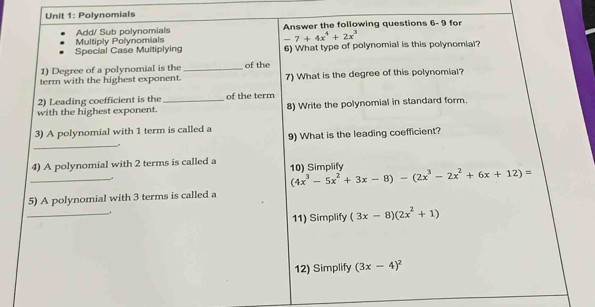 unit 1: polynomials - add/ sub polynomials - multiply polynomials - spe…