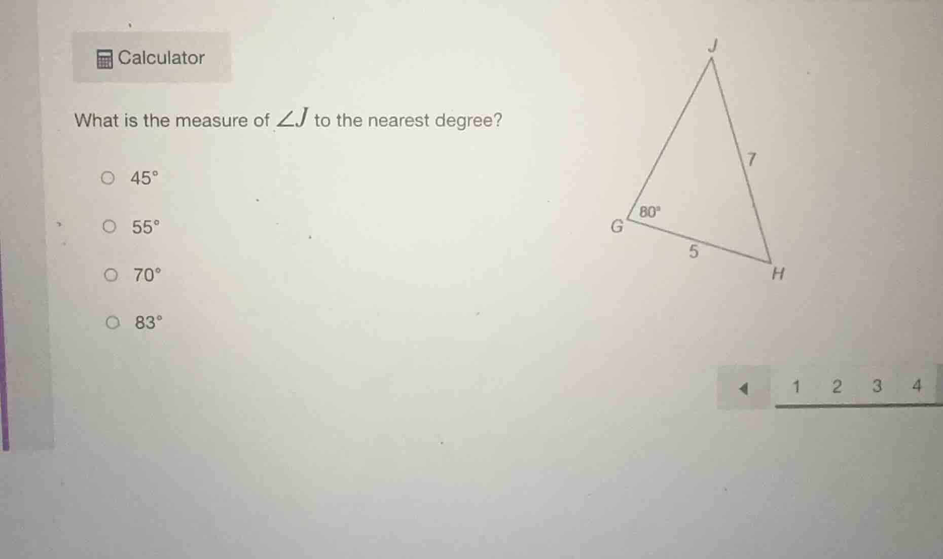 calculator what is the measure of ∠j to the nearest degree? 45° 55° 70°…