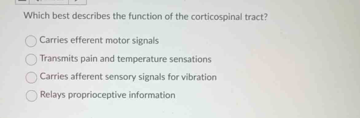 which best describes the function of the corticospinal tract? carries e…