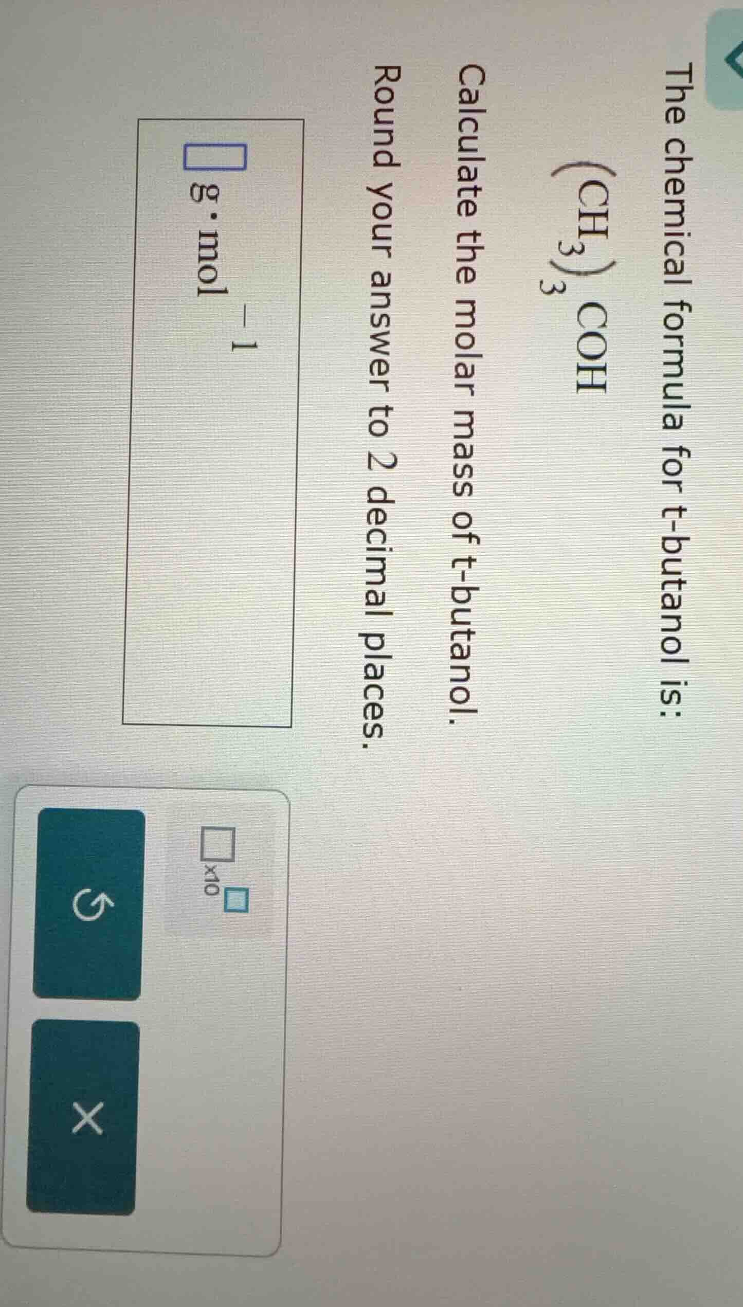 the chemical formula for t - butanol is: \\((\\text{ch}_3)_3\\text{coh}…