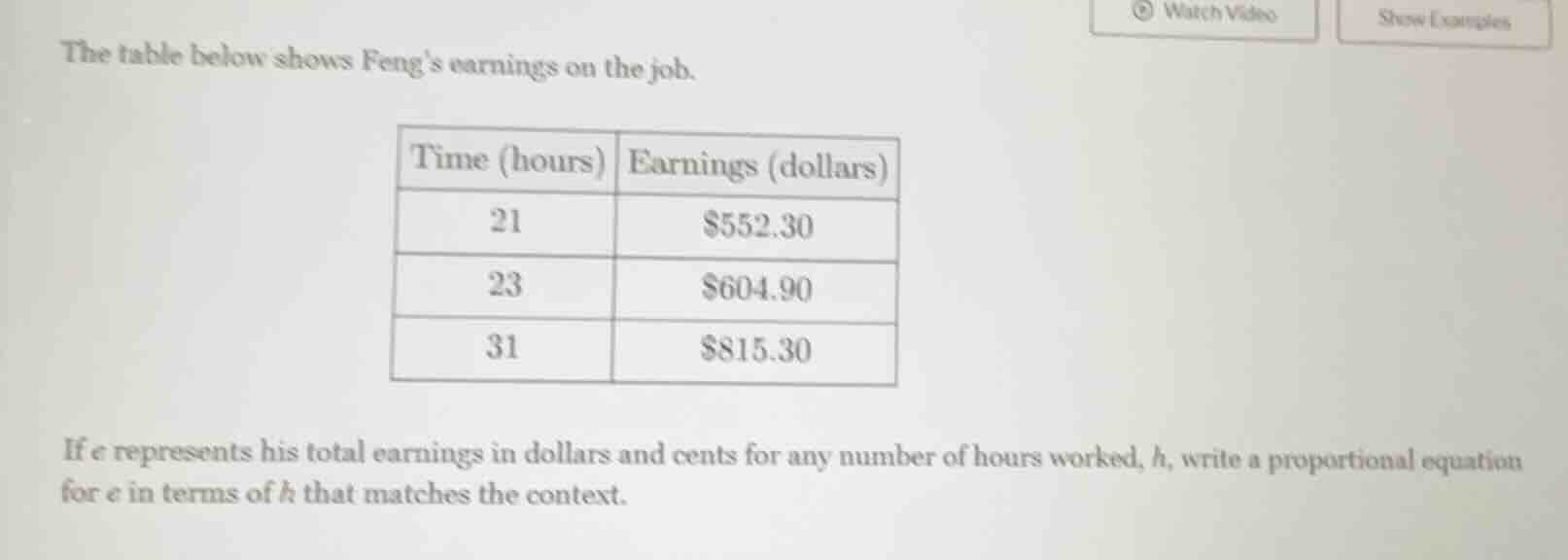 the table below shows fengs earnings on the job. time (hours) | earning…