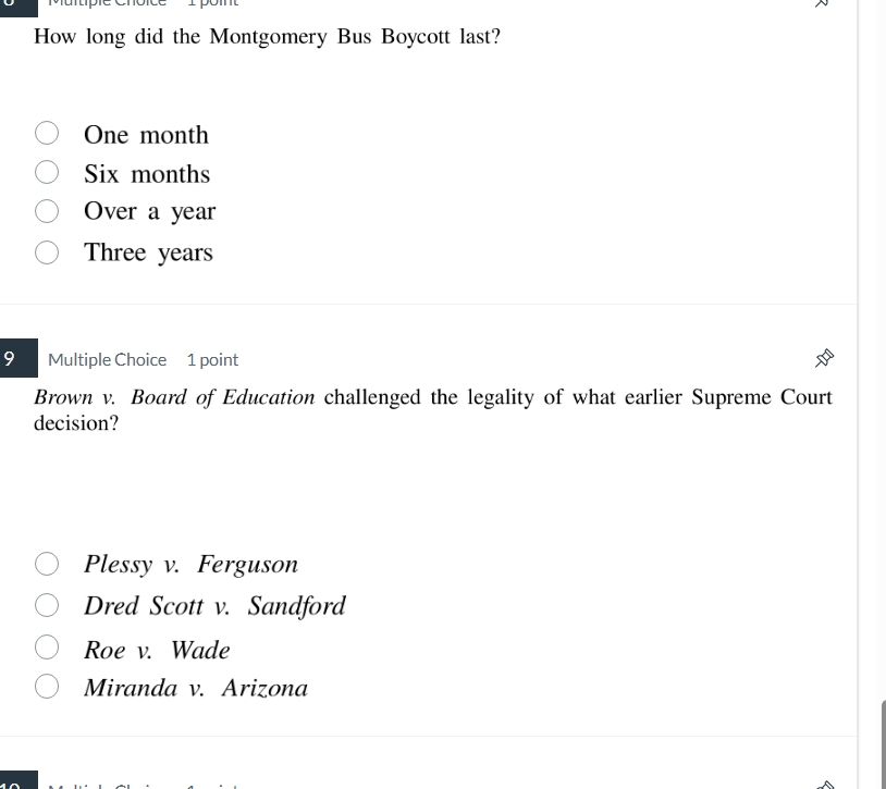 8 multiple choice 1 point how long did the montgomery bus boycott last?…