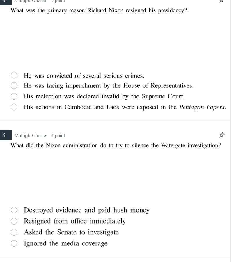 5 multiple choice 1 point what was the primary reason richard nixon res…