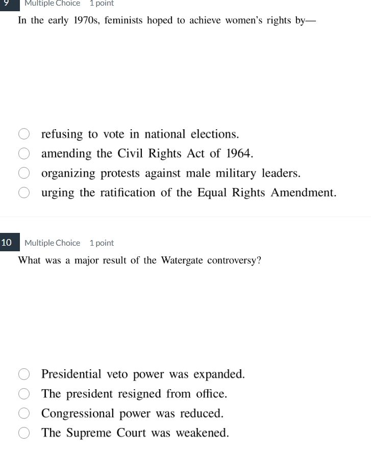 9 multiple choice 1 point in the early 1970s, feminists hoped to achiev…
