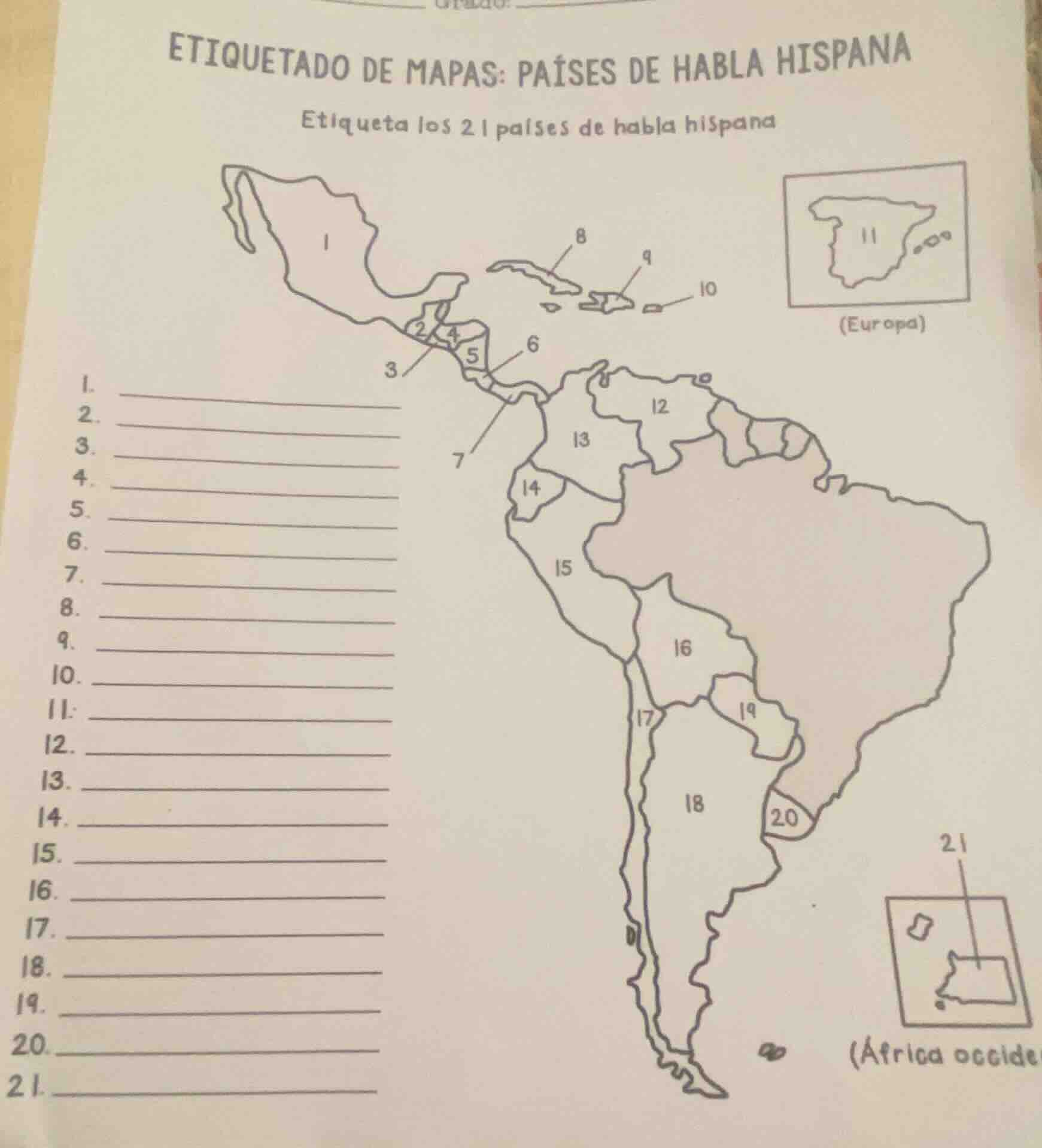etiquetado de mapas: países de habla hispana etiqueta los 21 países de …