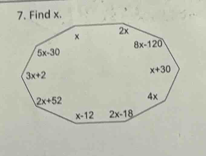 7. find x. the figure is a nonagon (9 - sided polygon) with the followi…