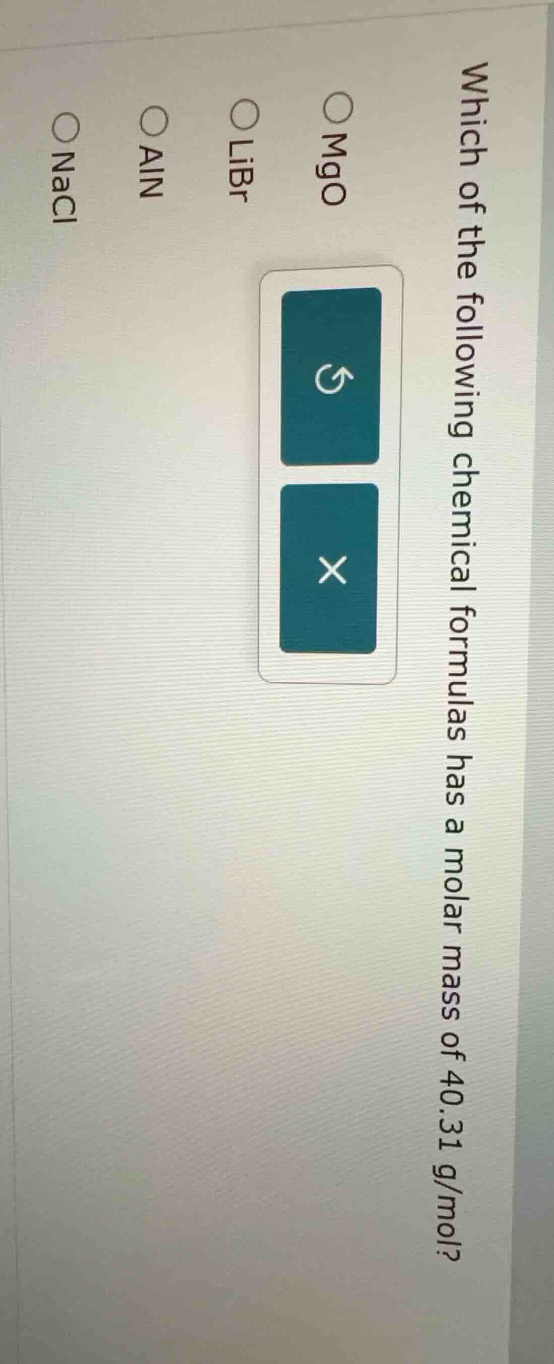 which of the following chemical formulas has a molar mass of 40.31 g/mo…