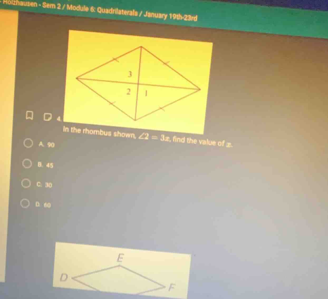 4. in the rhombus shown, $\\angle 2 = 3x$, find the value of $x$. \ \\b…