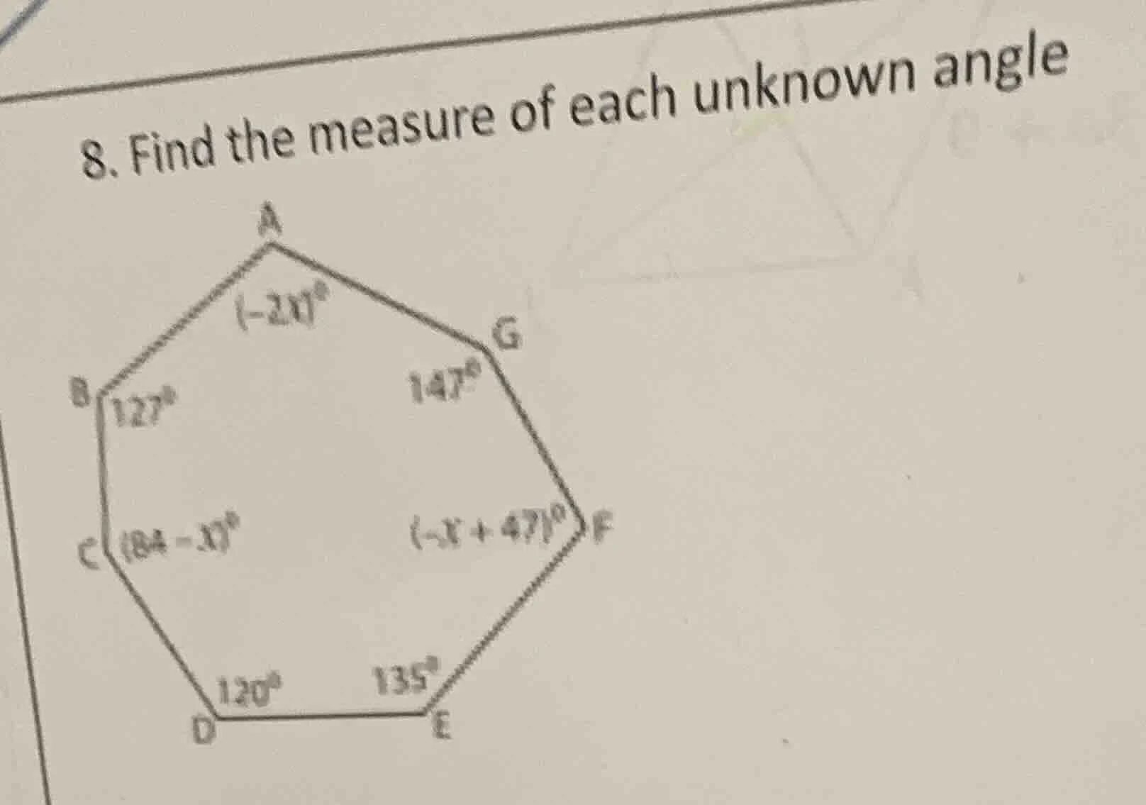 8. find the measure of each unknown angle