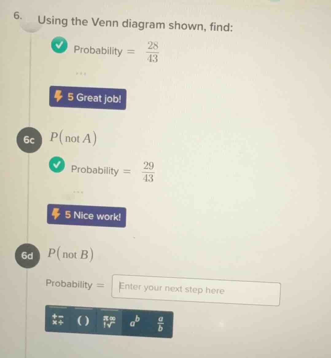 6. using the venn diagram shown, find: probability = \\(\\frac{28}{43}\…