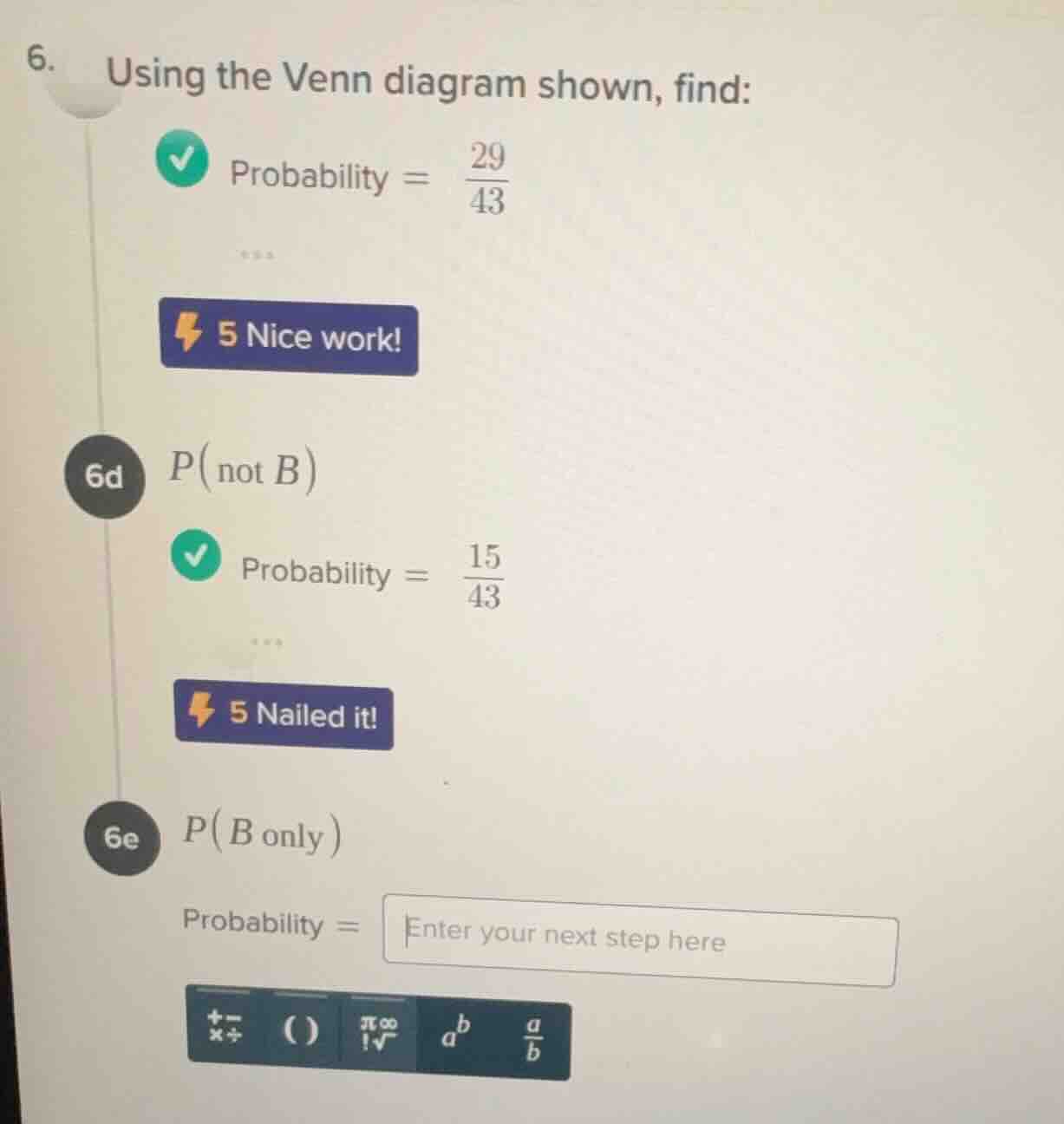 6. using the venn diagram shown, find: probability = \\(\frac{29}{43}\\…
