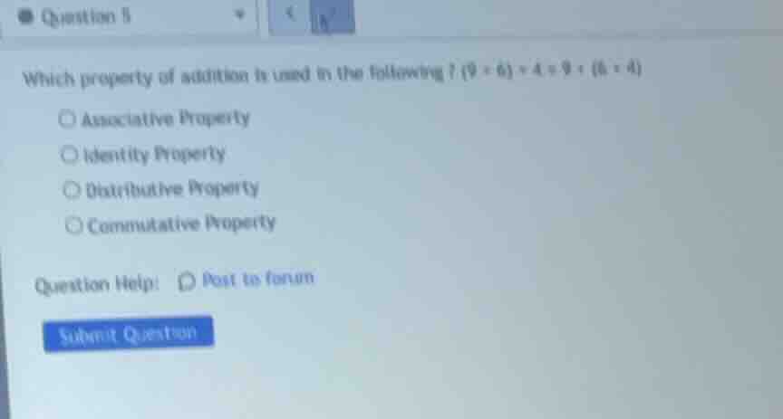 question 1 which property of addition is used in the following? (9 + 6)…