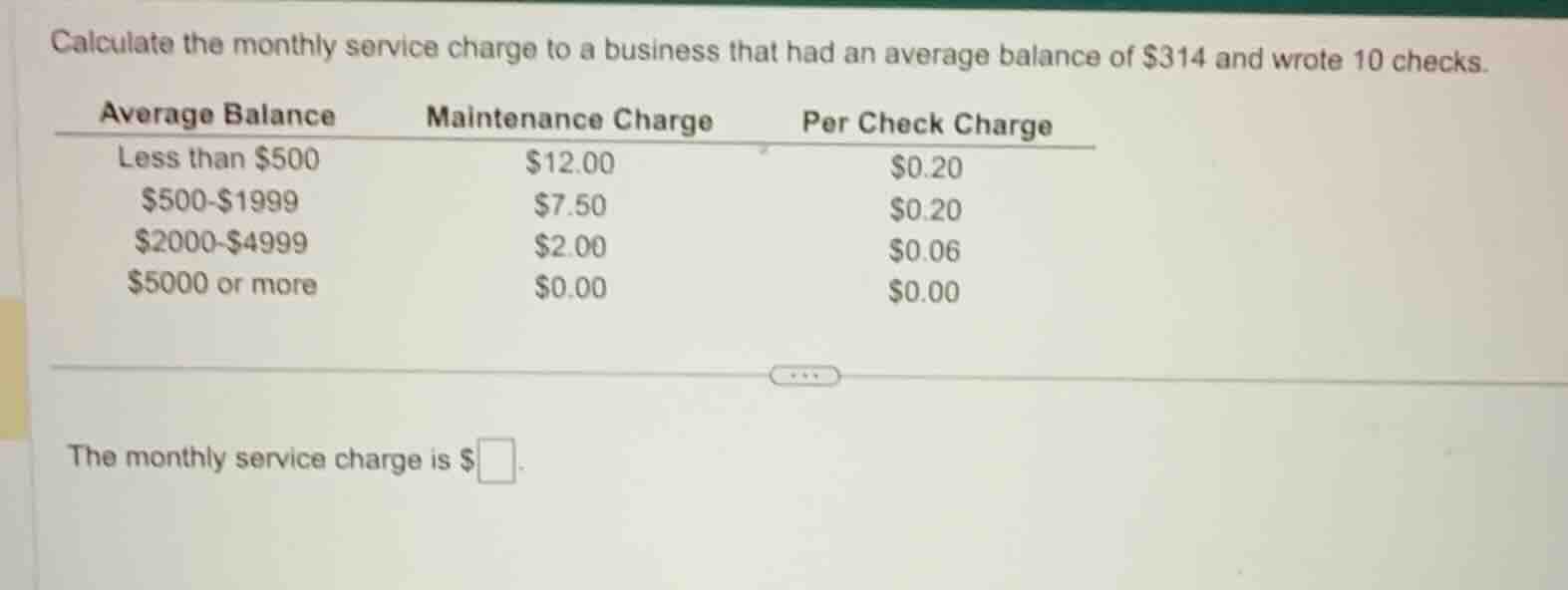 calculate the monthly service charge to a business that had an average …