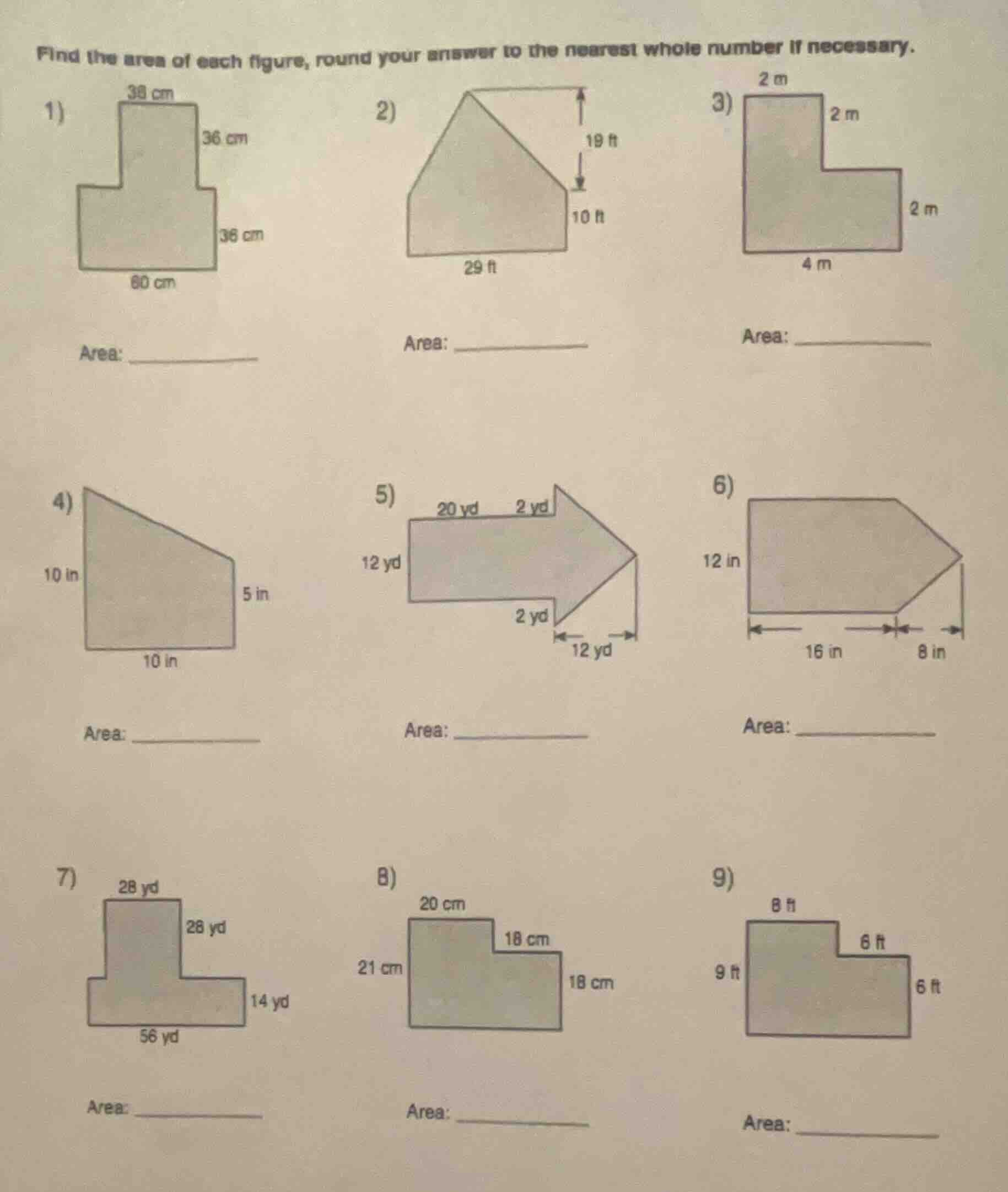 find the area of each figure, round your answer to the nearest whole nu…