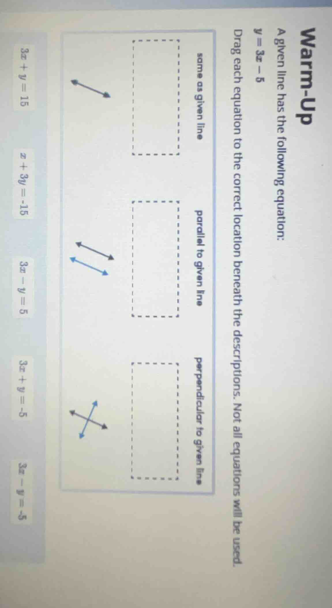 warm-up a given line has the following equation: ( y = 3x - 5 ) drag ea…