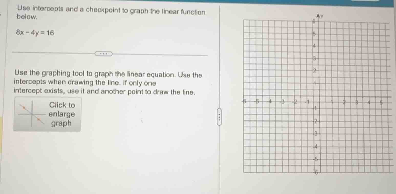 use intercepts and a checkpoint to graph the linear function below. 8x …