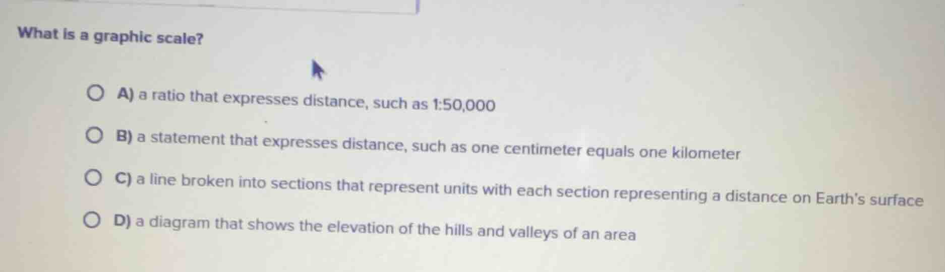 what is a graphic scale? a) a ratio that expresses distance, such as 1:…