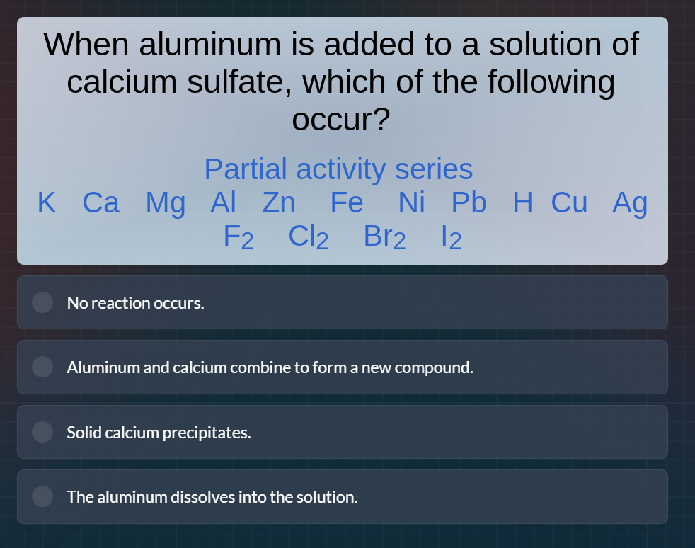 when aluminum is added to a solution of calcium sulfate, which of the f…
