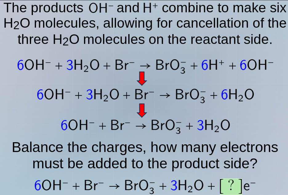 the products oh⁻ and h⁺ combine to make six h₂o molecules, allowing for…