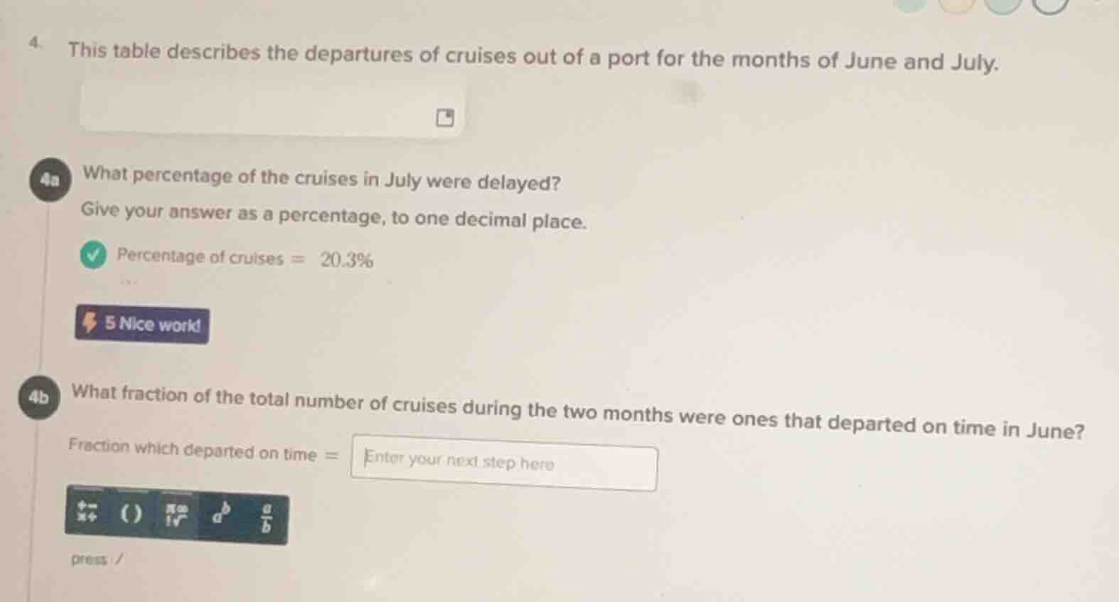 4. this table describes the departures of cruises out of a port for the…