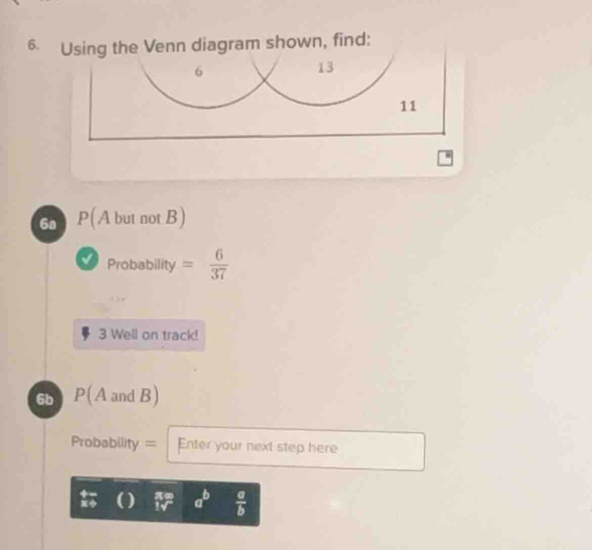 6. using the venn diagram shown, find: 6a ( p(a \text{ but not } b) ) p…