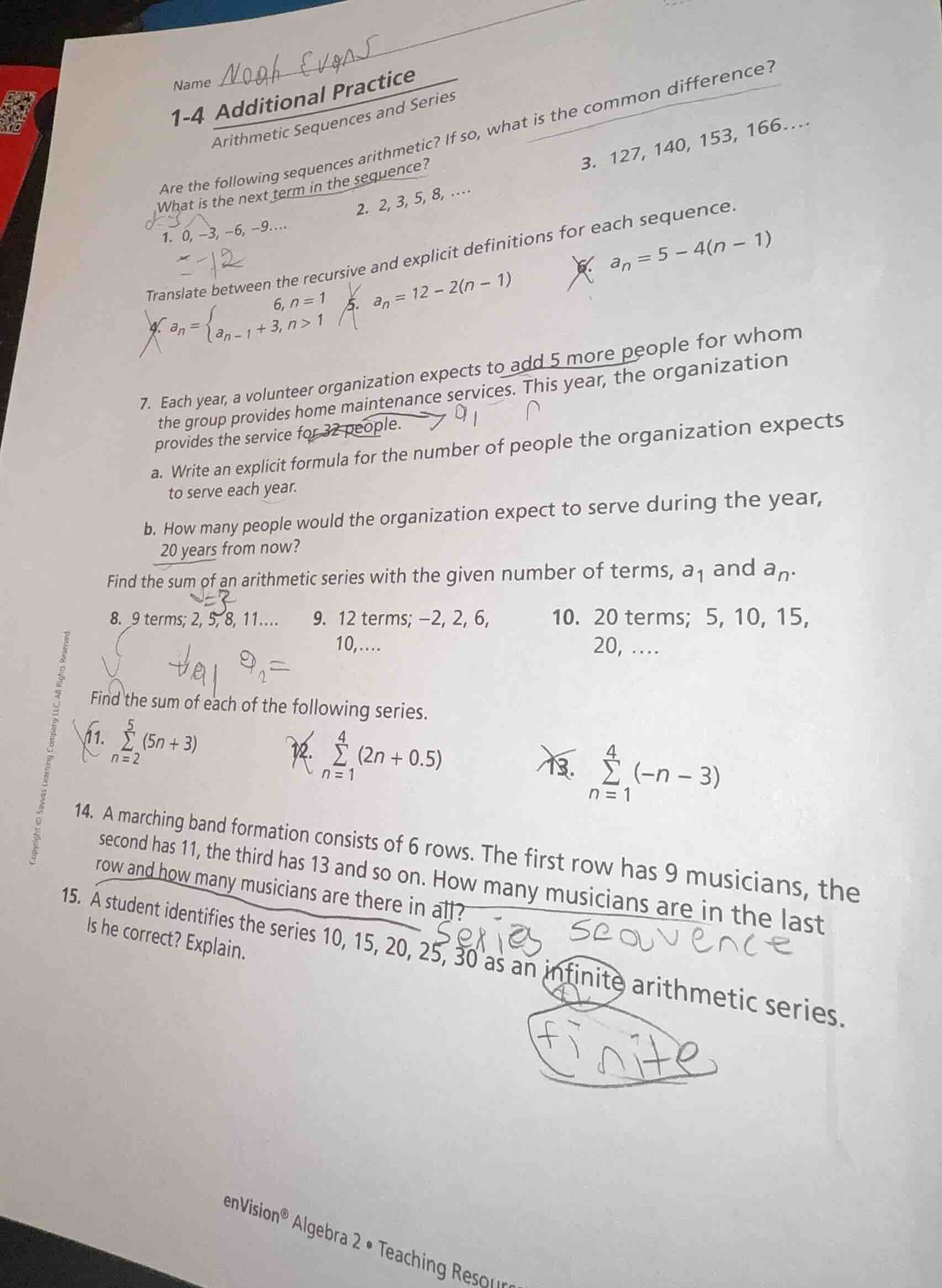 name noah evans 1-4 additional practice arithmetic sequences and series…