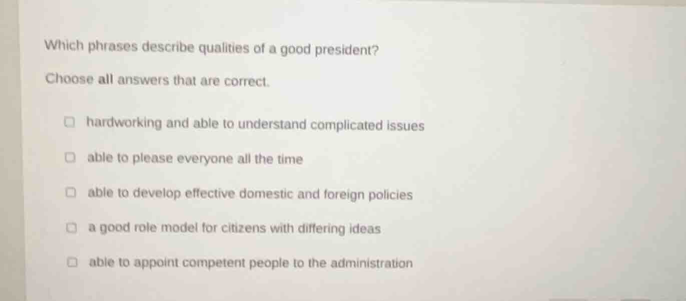 which phrases describe qualities of a good president? choose all answer…