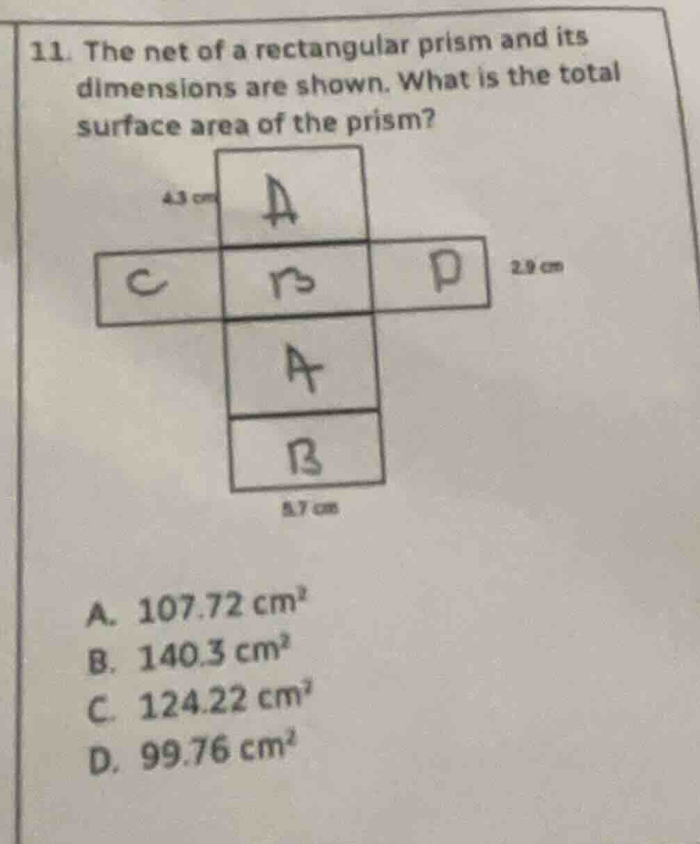 11. the net of a rectangular prism and its dimensions are shown. what i…