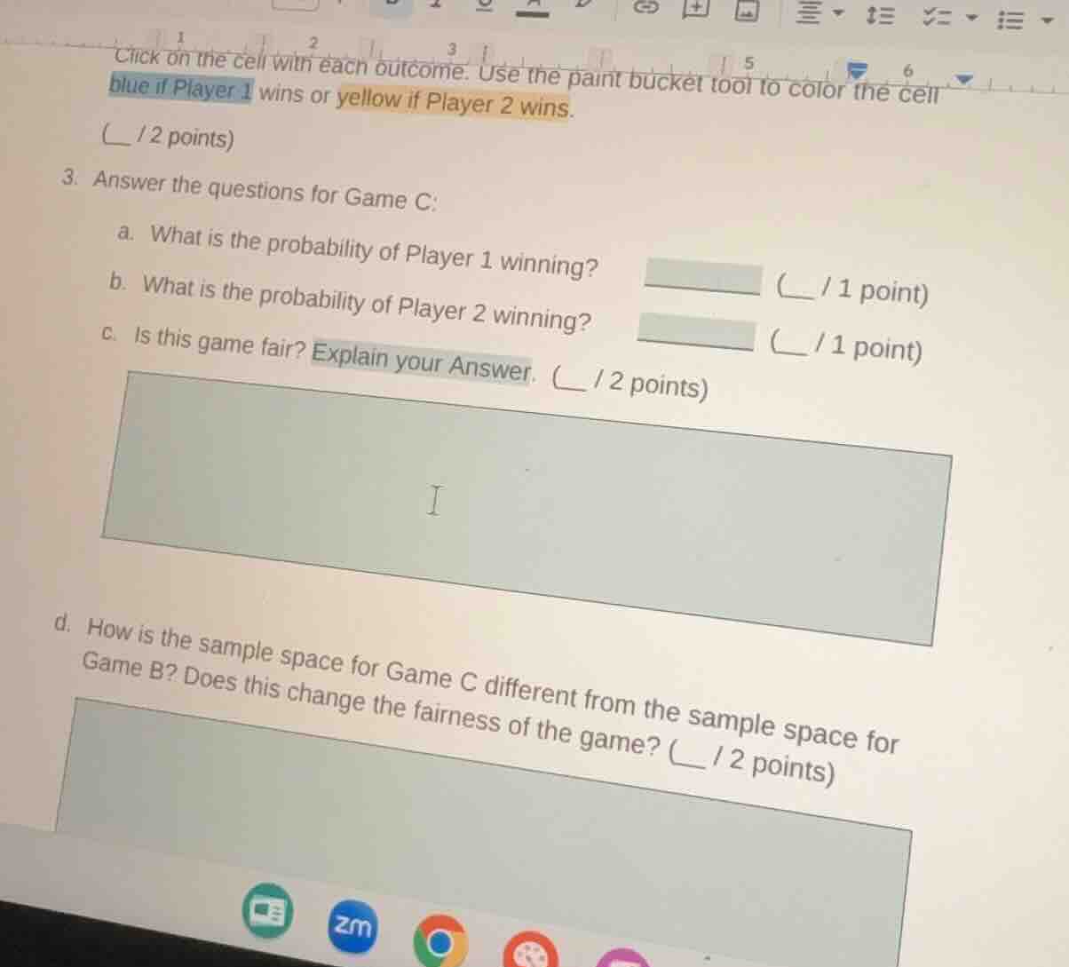 click on the cell with each outcome. use the paint bucket tool to color…
