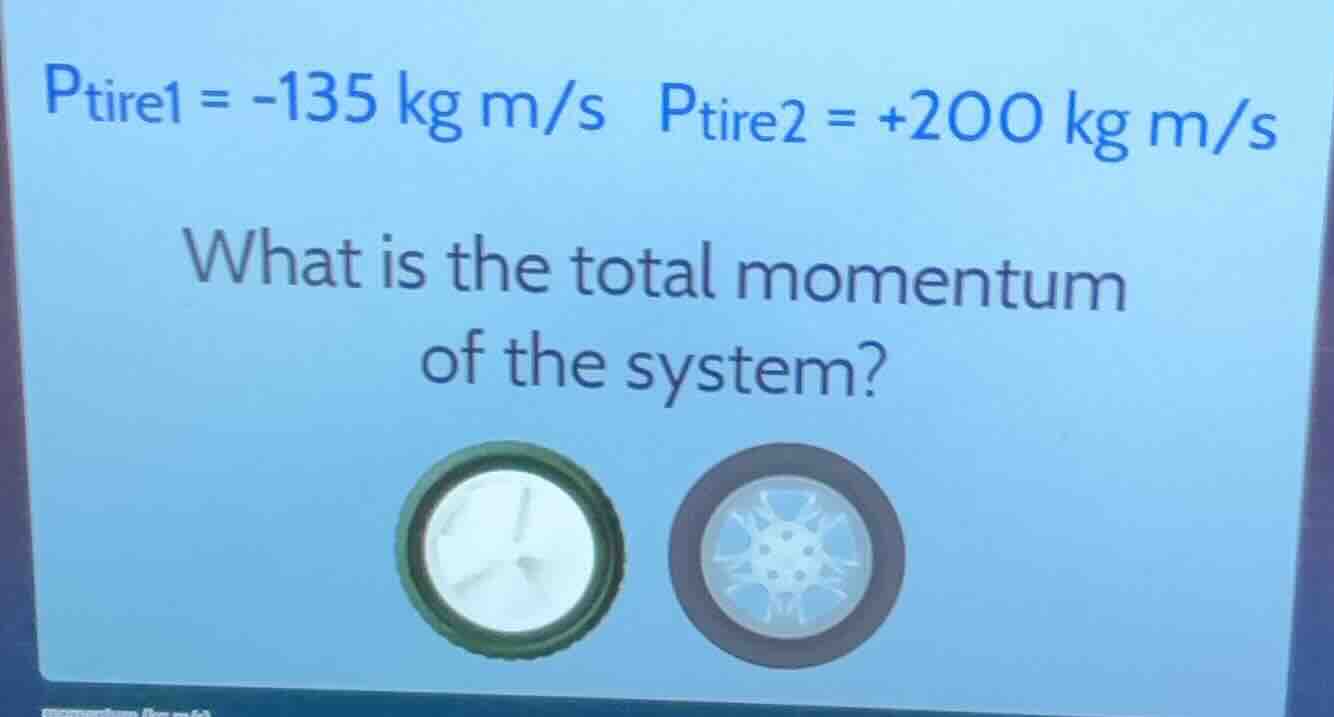 p_{tire1} = -135 kg m/s p_{tire2} = +200 kg m/s what is the total momen…