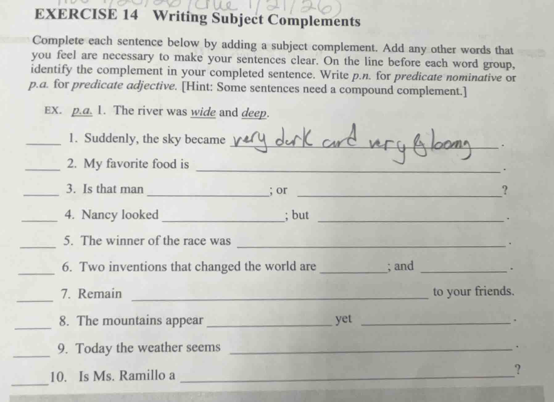 exercise 14 writing subject complements complete each sentence below by…
