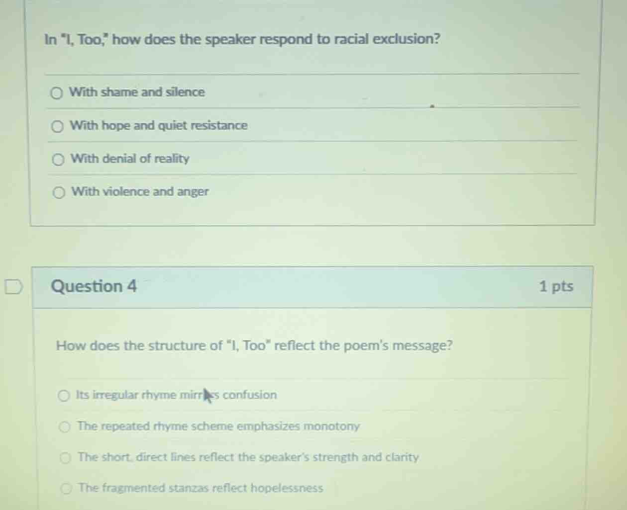 in \i, too,\ how does the speaker respond to racial exclusion? with sha…