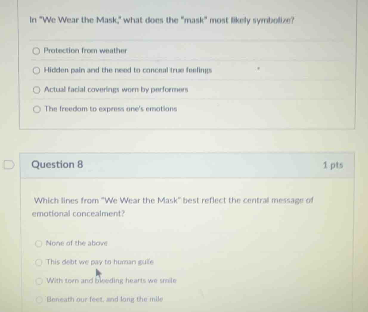 in \we wear the mask,\ what does the \mask\ most likely symbolize? prot…