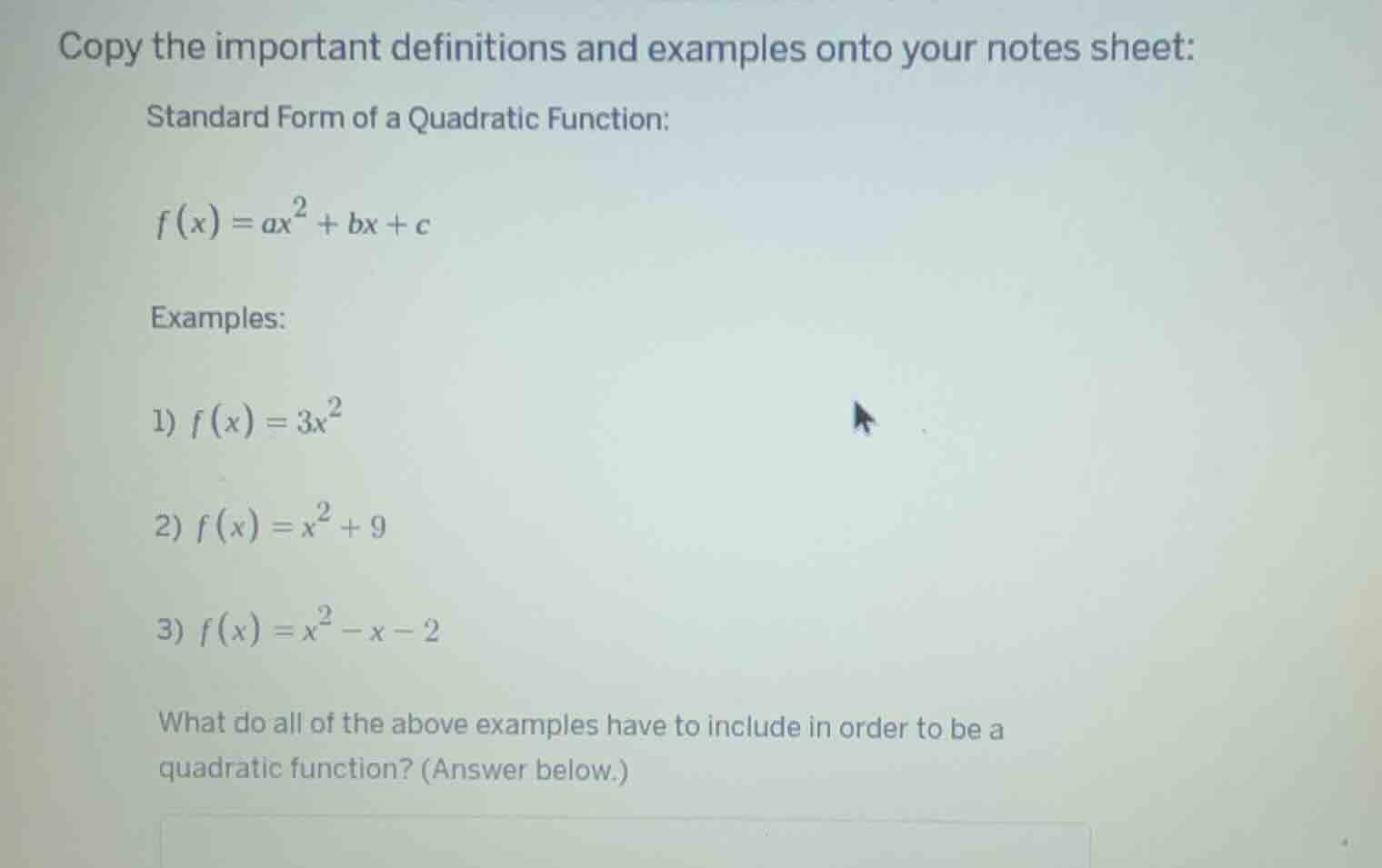 copy the important definitions and examples onto your notes sheet: stan…