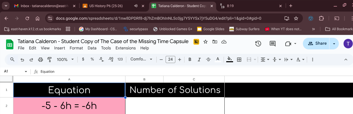 equation: -5 - 6h = -6h; column for number of solutions (to be filled)